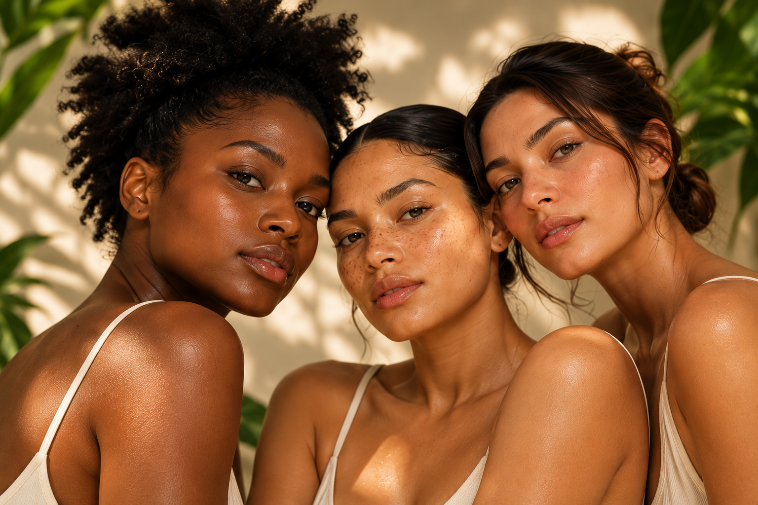 Three women with diverse skin tones featured in the PURETÉ inclusive skincare campaign.